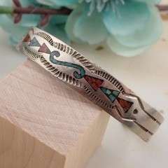 VTG Southwestern Stamp Nickel Silver Turquoise Coral Inlaid 6 1/2″ Cuff Bracelet