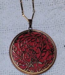 Coppercraft Guild 1978 Red Enamel Bird Pendant Necklace 24″ Vintage Copper