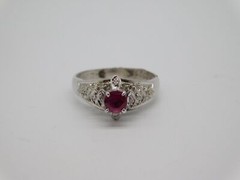 SWEET ANTIQUE 18K SOLID WHITE GOLD DIAMOND RUBY STONE RING