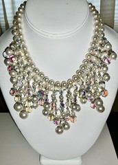 Vintage Vendome Faceted AB Glass & Faux Pearl Fringe Statement Huge Necklace