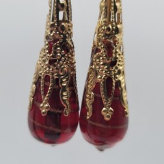 Vintage Red Glass Teardrop Earrings Gold Filigree Dangle Drop Victorian Style