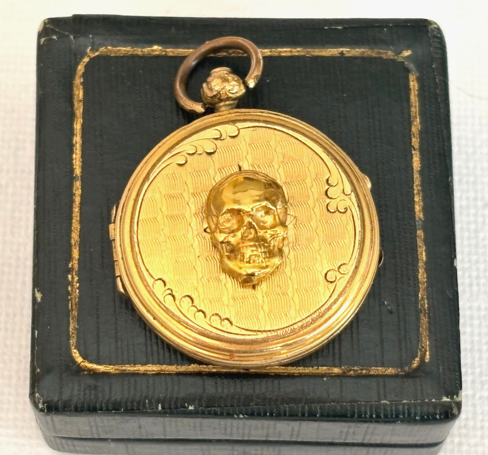 Antique Victorian Memento Mori 19th C Skull Gold Plated Pendant Photo Locked