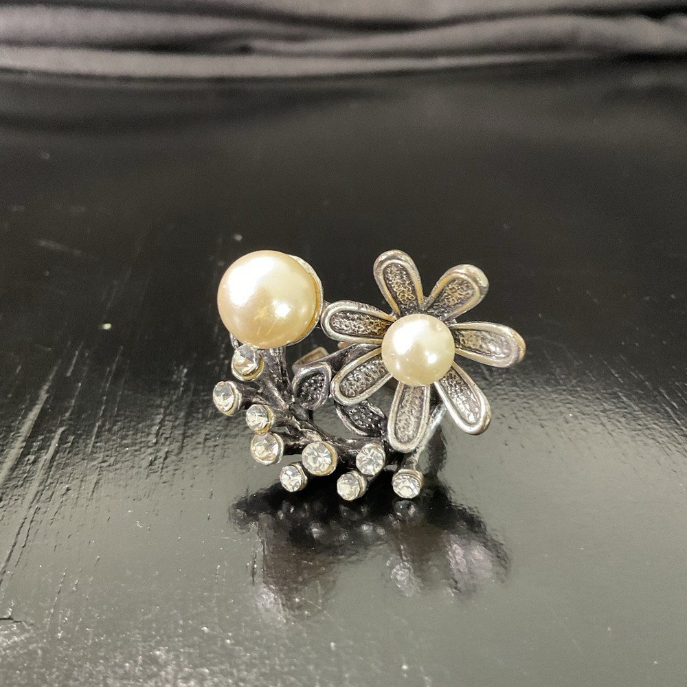 Vintage Adjustable Rhinestone, Pearl & Silver Tone Cocktail Ring, Statement EUC