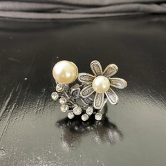 Vintage Adjustable Rhinestone, Pearl & Silver Tone Cocktail Ring, Statement EUC