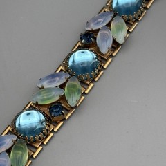 Vintage Bracelet Opaline Navette Glass Cabochon Rhinestone Gold Tone 6.5″ READ