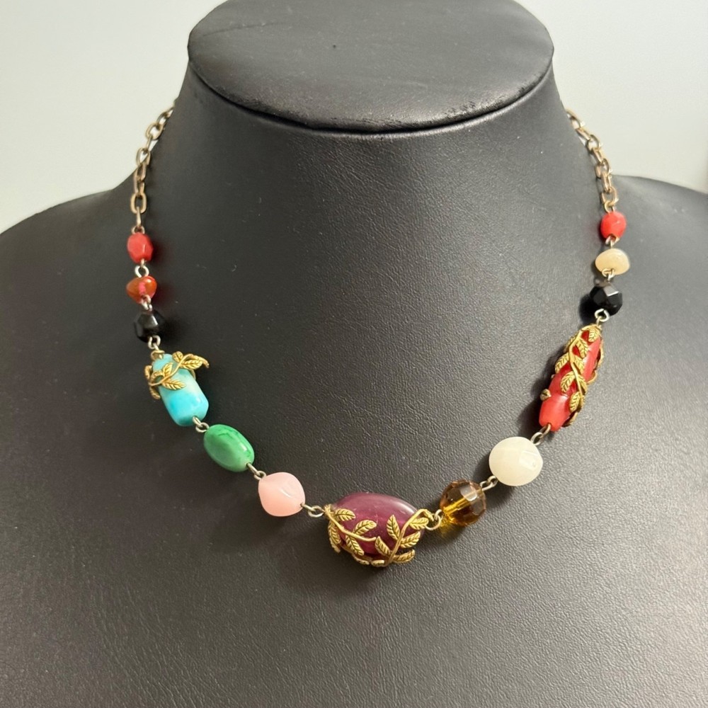 Vintage-style Necklace Leaf Multicolor Beaded Faceted Gold Tone 16.5-17 inches