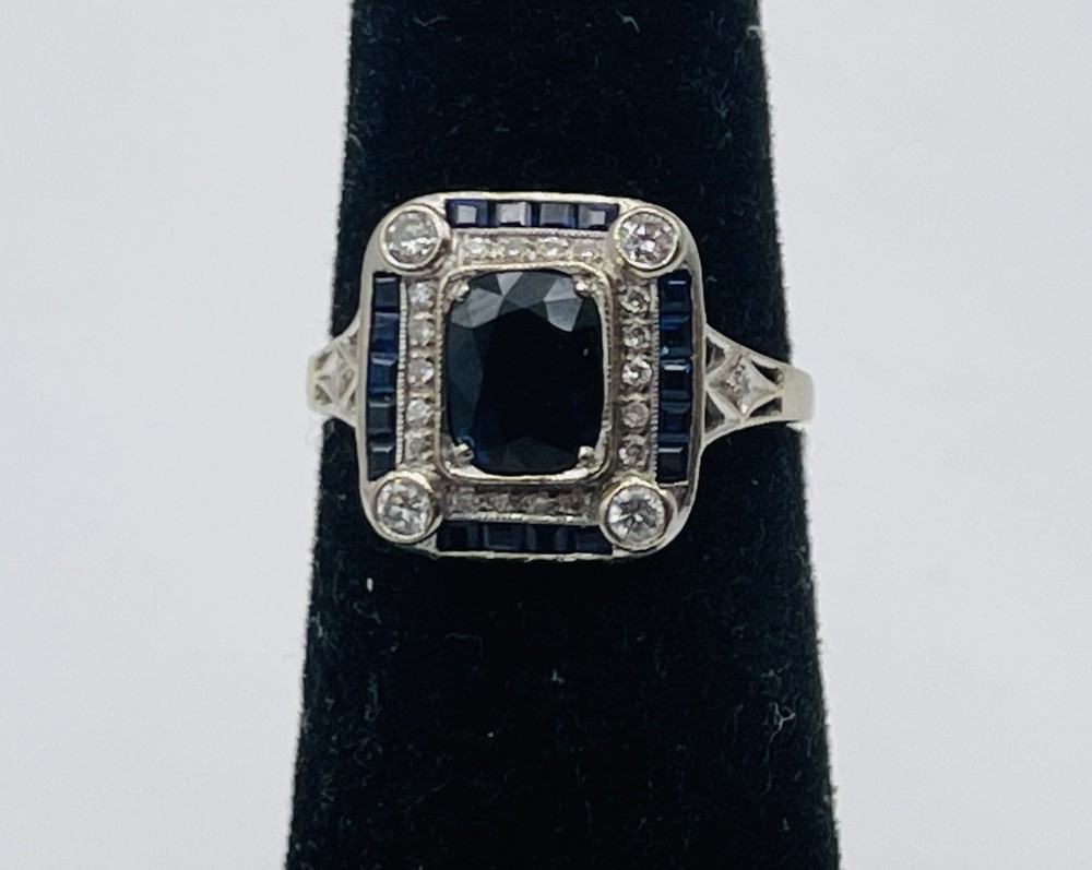 Antique 18k White Gold Art Deco Sapphire & Diamond Ring Size 5.5