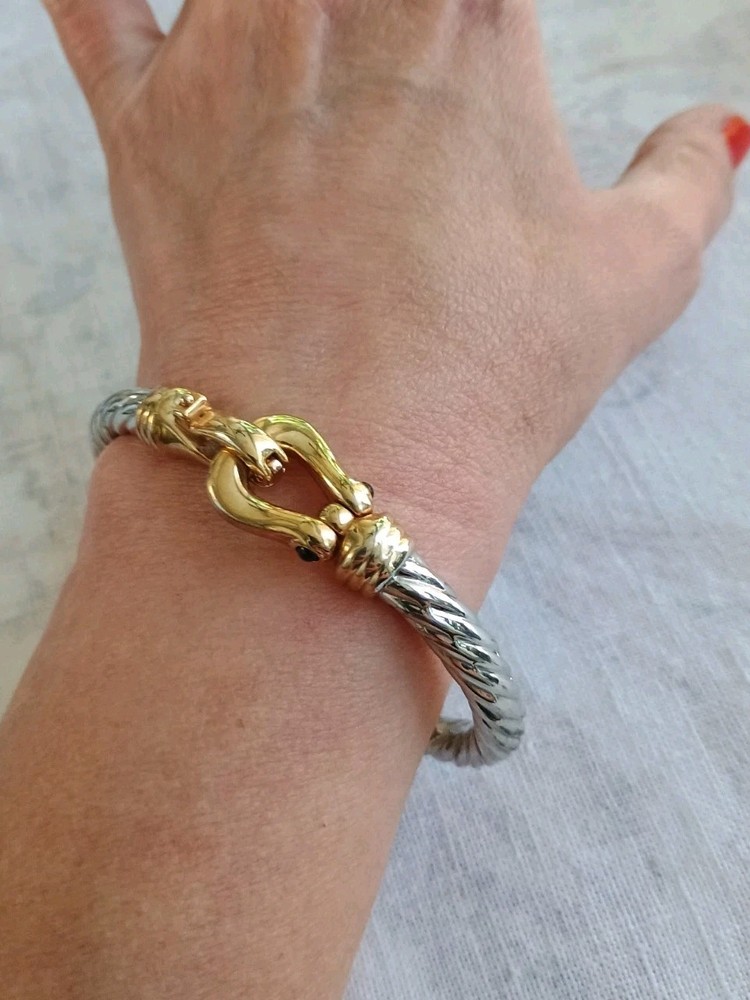 Massive Clamper Bracelet Silver Gold Tone Faux Onyx Bracelet Southwestern Style