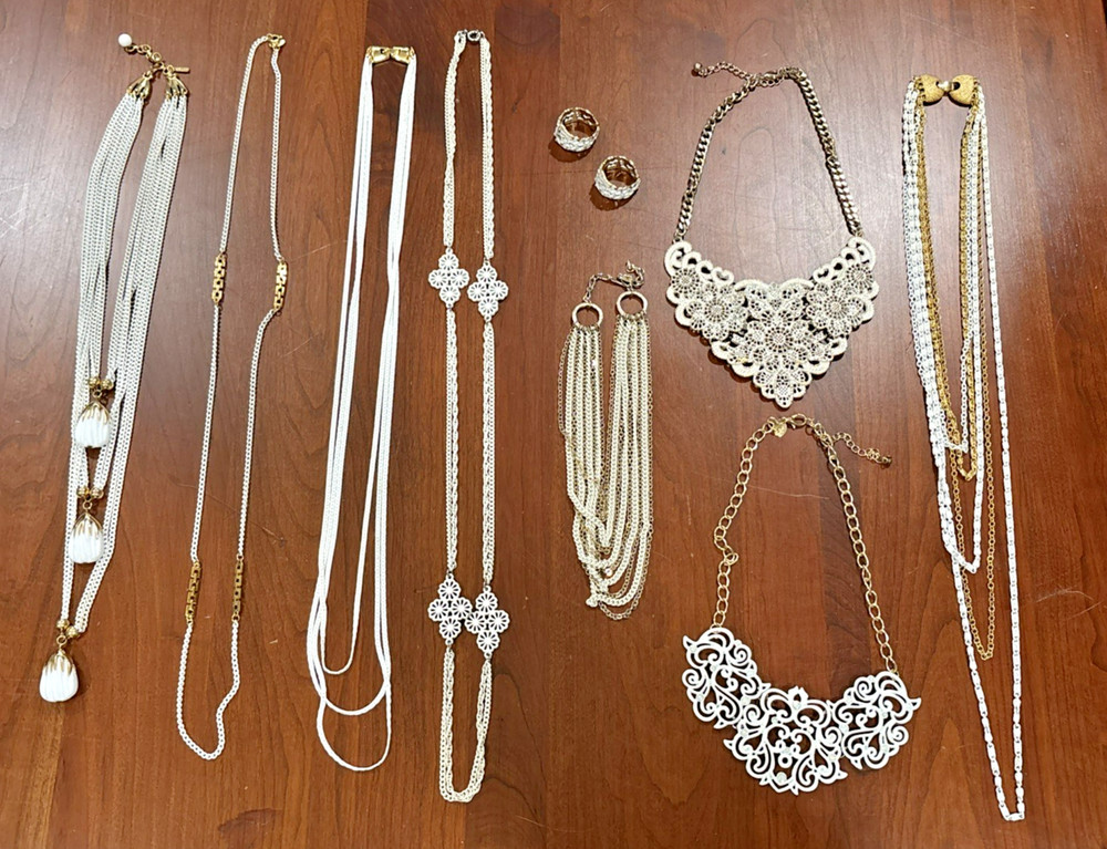8 Vintage Now Gold Tone White Paint Necklaces Monet Vendome Roget Napier Earring