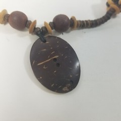 Wood Bead Necklace Flat Slices Disc Boho 29 in Pendant Naturecore Wooden