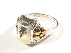 ANTIQUE OSTBY BARTON STERLING & 14K YELLOW GOLD MOSS AGATE SIZE 7.5 RING 3.1g