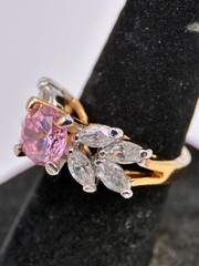 Vintage 1980s Yellow Gold Over Silver Pink Topaz Cubic Zirconia Cocktail Ring.