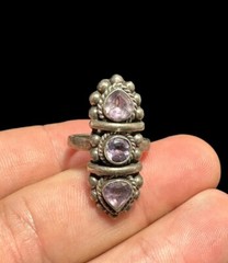 Sterling Silver Three Stone Amethyst Ring Ethnic Size 6 Vintage 2.5mm Band