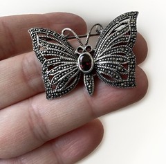VTG Marcasite Garnet Butterfly Pin Brooch, Vintage, Signed 925, 9.6 Grams