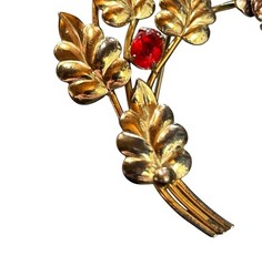 VINTAGE 12 KT GF on STERLING SILVER VERMEIL RED RHINESTONES FLOWER BROOCH 1940s