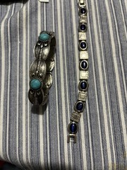 Lot Of 2 VTG Styled Bracelets Turquoise Cuff Blue Cat Eye Link Bracelet Unmarked