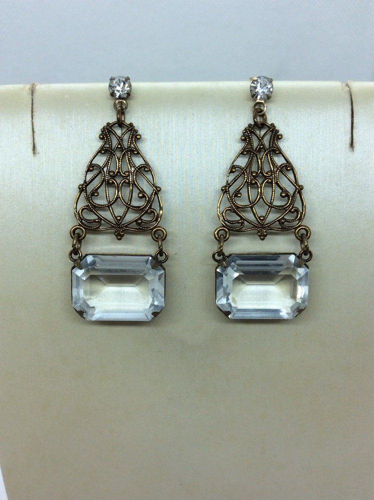 Victorian Drop Dangle Earrings Brass Rhinestone Unsigned Sadie Green?