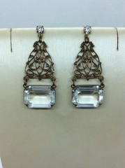 Victorian Drop Dangle Earrings Brass Rhinestone Unsigned Sadie Green?