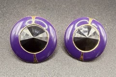 Vintage Round Stud Earrings Purple Enamel Gold Tone Black Faceted Stone Pierced