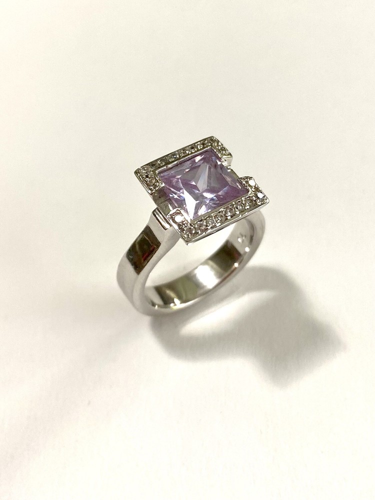 VTG Estate Find Sterling Silver Square Shape Amethyst Clear Crystal Ring Sz 7