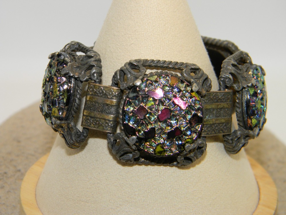 Vintage Judy Lee Iridescent Carnival Glass Wide Panel Bracelet