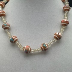 Vintage Orange White Striped Glass Bead Choker Necklace Crystal Spacers 15 in