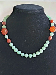 ESTATE APPLE GREEN JADE CARNELIAN HAND CUT MELONS NECKLACE 30″ LONG 10 MM 110 GR