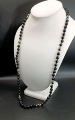 Black Onyx & Hematite Beaded Necklace Polished Gemstone 30″ Gold Tone Accents