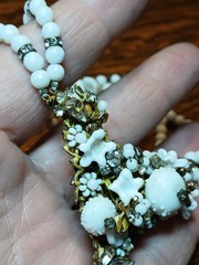Vintage Early Signed Laguna 2-Strand Wired Center Wht Glass Rhinestone Necklace