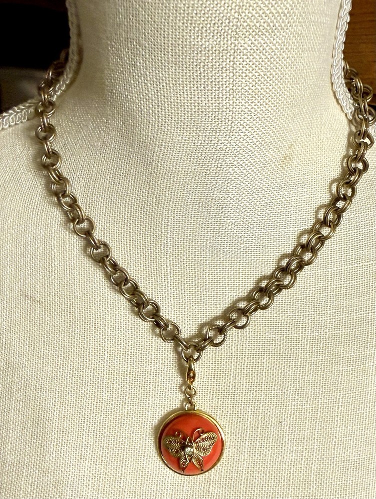 John Wind Maximal Art Butterfly Necklace Gold Tone Red Resin Pendant Signed