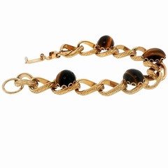 Vintage Gold Plated Filigree Engraved Bracelet Tiger Eye Cabochon 7 1/4”