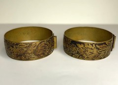 Vintage Brass Handcuff Double Bangle Bracelets Engraved With Floral Motif