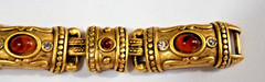 ETRUSCAN REVIVAL SPECTACULAR USA VTG. MATTE GOLD CABACHON ORNATE LINK BRACELET