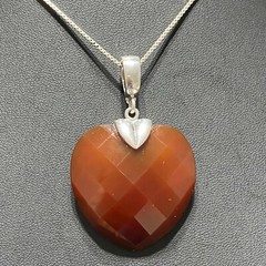 HUGE ESTATE STERLING SILVER FACETED CARNELIAN HEART OPEN SLIDE NECKLACE 18″ LONG