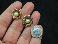 Vintage Two Tone Metal Faux Pearl Damascene Flower Clip Earrings AS IS