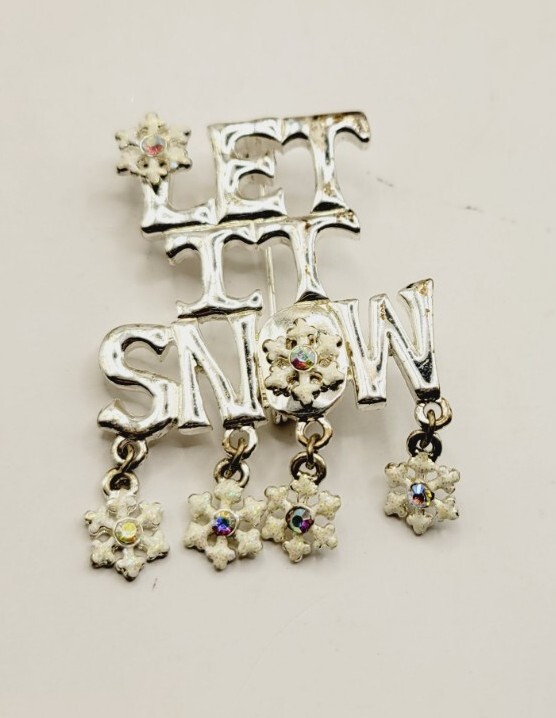 Christmas Snowflake Charm Brooch Let it Snow pin Silver Tone Crystal accent KC