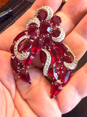 Vintage Mid Century Ruby Red Rhinestone Brooch Rhodium Plated Open Back Unsigned