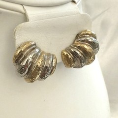 Vintage Tri Tone Ribbed Earrings Gold Silver Statement Textured Retro