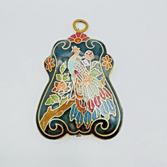 VTG Chinese Cloisonne Enamel Peacock Double Sided Pendant Black Floral