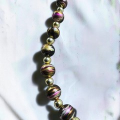 Vintage Marbled Lucite Bead Necklace Black Gold Pink Silver 24″ Mid Century