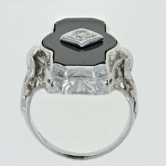 Art Deco Black Onyx & Mine Cut Cubic Zirconia 18.26TCW Filigree Milgrain Ring