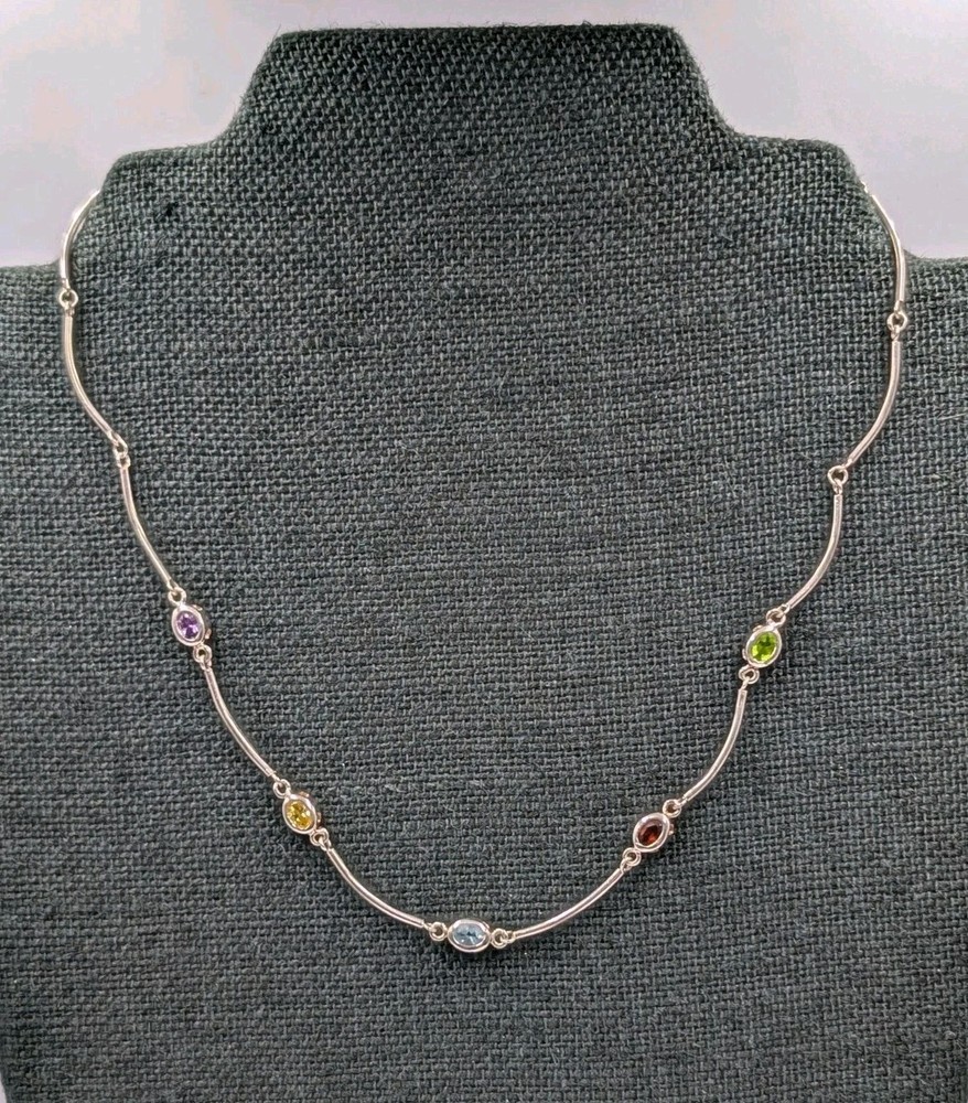 Vtg Sterling Silver Lab Created Gemstones Curved Tube Links 925 Necklace – 17.5″