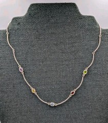 Vtg Sterling Silver Lab Created Gemstones Curved Tube Links 925 Necklace – 17.5″