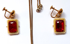 Vintage Red Rhinestone & Faux Pearl Necklace & Screw Back Earrings