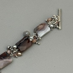 Artisan 925 Sterling Silver Banded Agate Pearl Bracelet Toggle Clasp 7″ Vintage