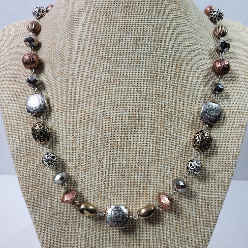 Vintage Necklace Gold Silver Tone Beaded 33 Inch