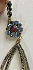 Vintage Dangle Earrings Gold Tone Black Red Blue Rhinestones Cluster Oval 3.5 In