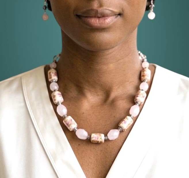 Retro Baby Pink Glass Lampwork Beads Casual Everyday Necklace Earrings Jewelry