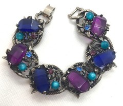 UNIQUE SELINI LINK BRACELET W/PURPLE, TURQUOISE & VIOLET LUCITE INSET PIECES!