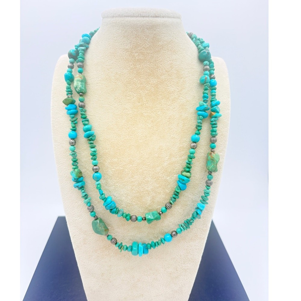 Early 2000s Carolyn Pollack Relios Turquoise Nugget Necklace – 35″ Long Strand